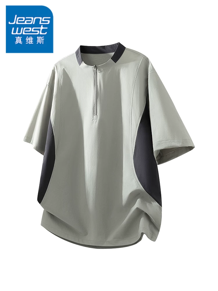 Áo thun nam cổ đứng nửa khóa kéo kiểu Mỹ của Jeanswest, thương hiệu thời trang cao cấp mùa hè, tay ngắn thoáng khí và thân thiện với làn da.