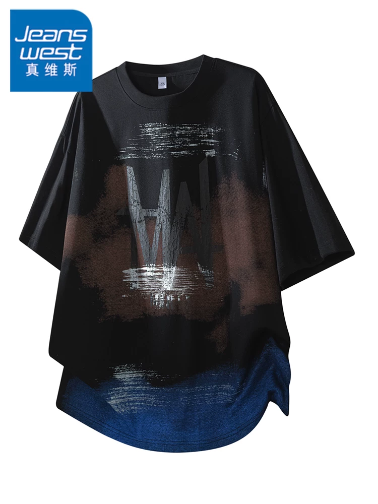 Áo thun cổ tròn phối màu phong cách Mỹ của Jeanswest dành cho nam, thương hiệu thời thượng mùa hè, cảm giác cao cấp, áo ngắn tay dáng rộng thoải mái.