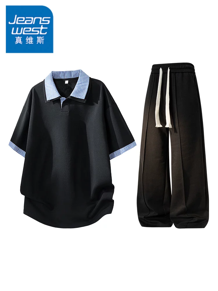 Bộ đồ hai mảnh giả hai lớp kiểu Mỹ của Jeanswest dành cho nam, bộ đồ hai mảnh thời trang cao cấp mùa hè, kiểu dáng rộng rãi, hợp thời trang.