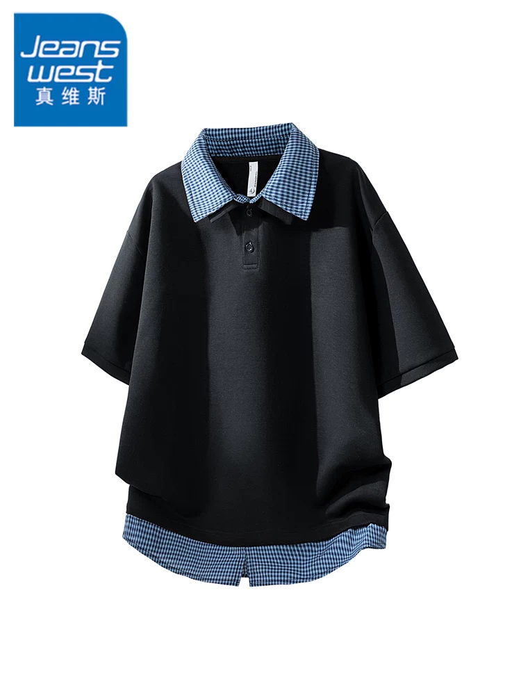 Áo thun nam cổ bẻ giả hai lớp phong cách Mỹ của Jeanswest, chất liệu cao cấp mùa hè, tay ngắn rộng rãi thoáng khí.