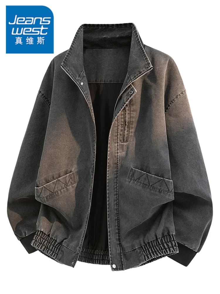 Áo khoác cổ đứng retro Jeanswest dành cho nam, mùa xuân thu, kiểu dáng rộng rãi cao cấp, áo khoác denim thời trang và đa năng.