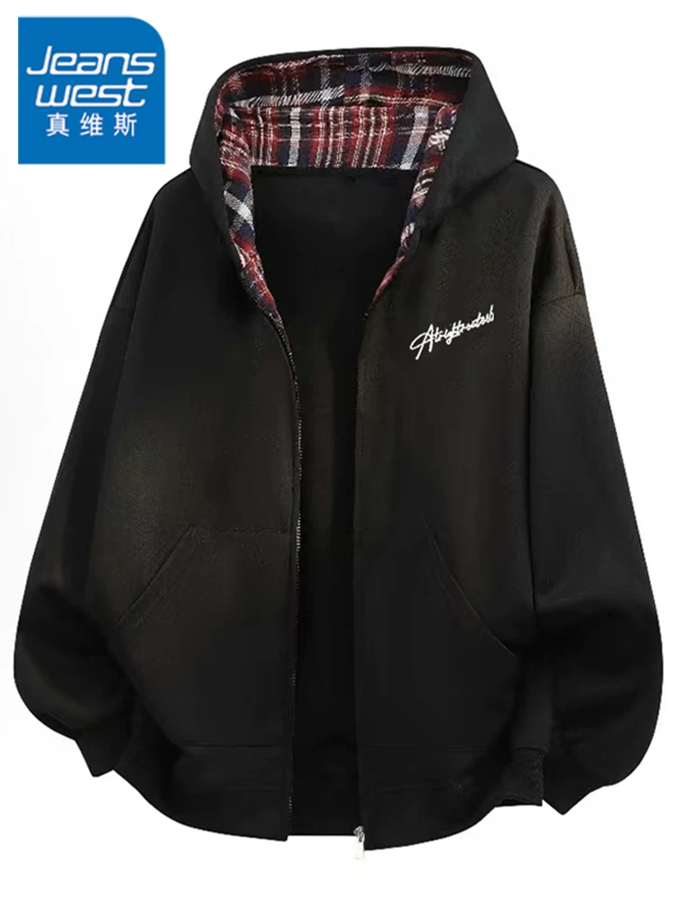 Áo khoác cardigan kẻ sọc có mũ trùm đầu kiểu Mỹ của Jeanswest dành cho nam, áo khoác màu đen dáng rộng hợp thời trang mùa xuân thu.