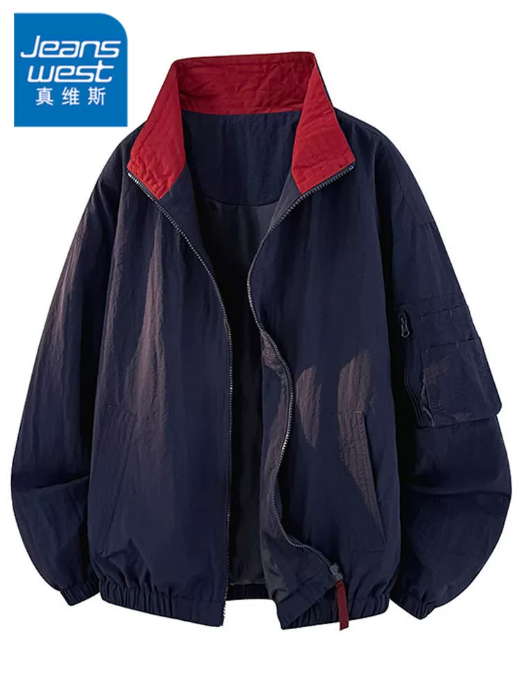 Áo khoác công sở phối màu kiểu Mỹ Jeanswest dành cho nam, phong cách old money mùa xuân thu, áo khoác phi công rộng rãi đa năng, kiểu dáng thường ngày.