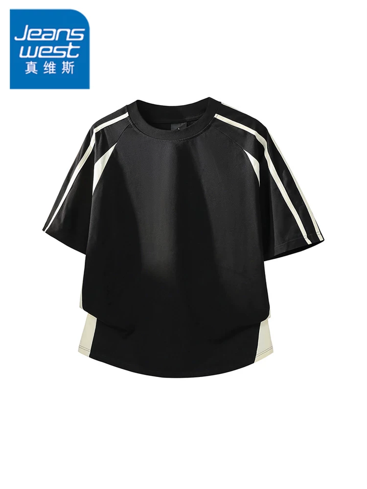 Áo thun nam Jeanswest sọc phối màu, 100% cotton nguyên chất, dáng rộng mùa hè, cảm giác cao cấp, thoáng khí, tay ngắn.