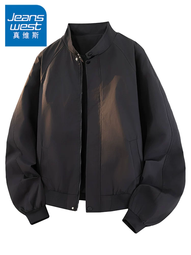 Áo khoác cổ đứng thương hiệu thời trang phong cách Mỹ của Jeanswest dành cho nam giới, mùa xuân thu, áo khoác ngoài màu đen rộng rãi cao cấp.