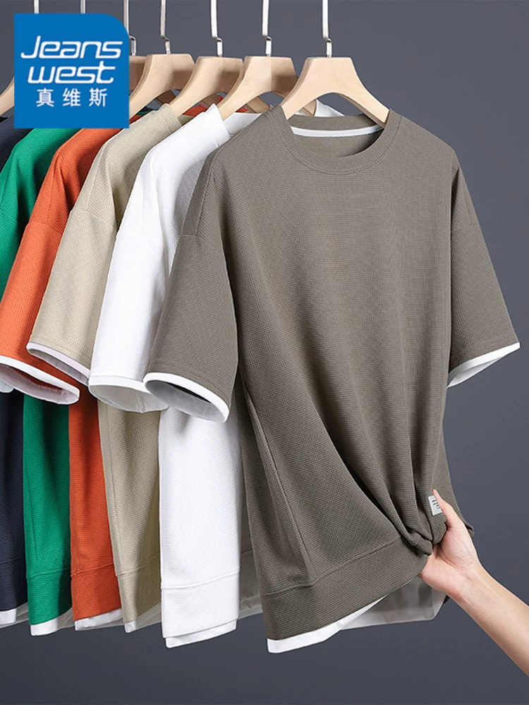 Áo thun ngắn tay kiểu waffle của Jeanswest dành cho nam, phong cách mùa hè, giả hai mảnh, dáng rộng, nhanh khô, mỏng, cổ tròn.