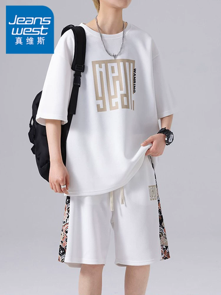 Bộ đồ thể thao thông thường của Jeanswest dành cho nam, trang phục mùa hè sành điệu, bộ đồ mùa hè hoàn chỉnh, áo phông ngắn tay.