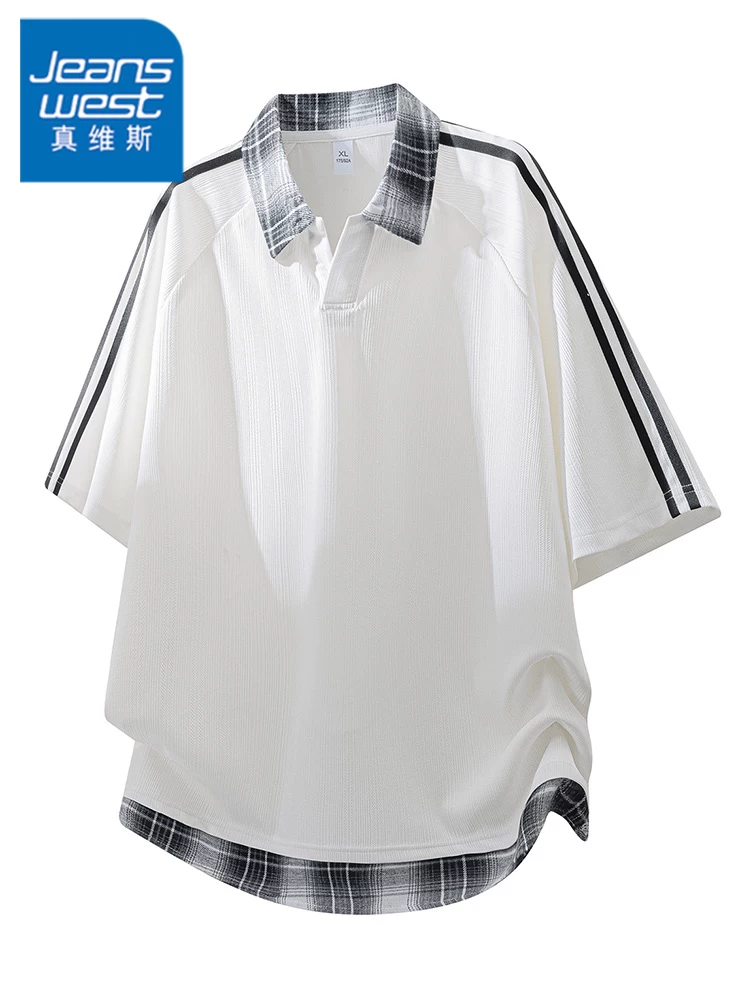 Áo thun nam cổ bẻ giả hai mảnh kiểu Mỹ của Jeanswest, áo thun ngắn tay thoáng khí, dáng rộng, cao cấp mùa hè.