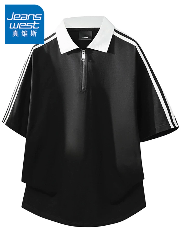 Áo thun nam Jeanswest 100% cotton nguyên chất, kẻ sọc phối màu, cổ trụ, nửa khóa kéo, thời trang mùa hè, thoáng khí, tay ngắn.