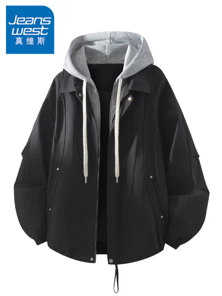 Áo khoác có mũ trùm đầu kiểu công sở thông thường của Jeanswest dành cho nam, mùa xuân và mùa thu, kiểu dáng rộng rãi cao cấp, đa năng, áo khoác màu đen sành điệu.