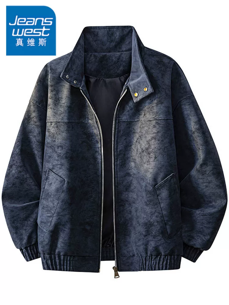 Áo khoác da cổ đứng kiểu Mỹ của Jeanswest dành cho nam, mùa xuân thu, dáng rộng, cảm giác cao cấp, áo khoác da thường ngày đa năng.