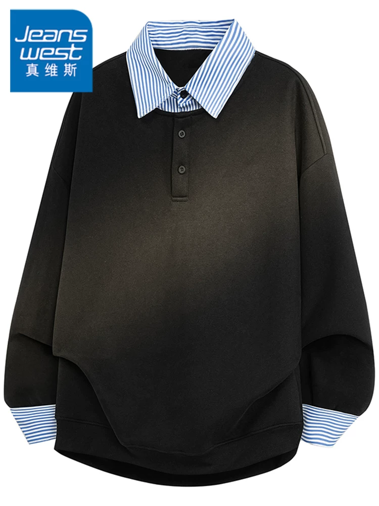 Áo nỉ giả hai mảnh cao cấp của Jeanswest dành cho nam, mùa xuân và mùa thu, áo sơ mi POLO dáng rộng màu đen thông thường.