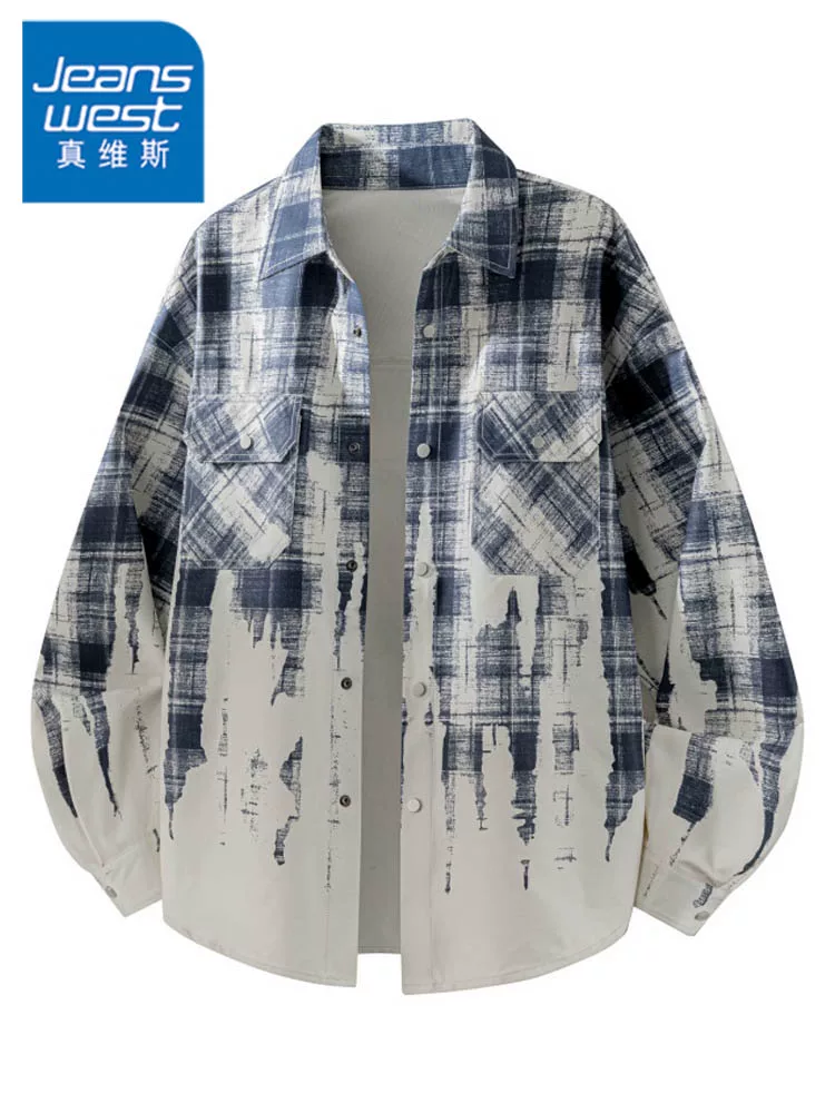 Áo sơ mi nam Jeanswest 2026 kiểu retro kẻ caro nhuộm tie-dye, cổ trụ, mùa xuân thu, đa năng, dáng rộng, phong cách casual