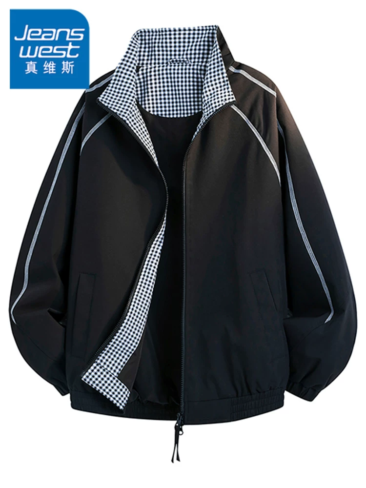 Áo khoác cổ đứng chắp vá kẻ sọc phong cách Mỹ của Jeanswest dành cho nam, mùa xuân và mùa thu, áo khoác ngoài thương hiệu thời trang cao cấp, rộng rãi, hợp thời trang.