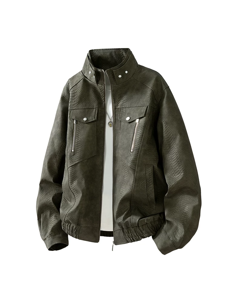 Áo khoác cổ đứng họa tiết da trăn phong cách retro của Jeanswest dành cho nam, áo khoác màu đen dáng rộng thoải mái cho mùa xuân và mùa thu.