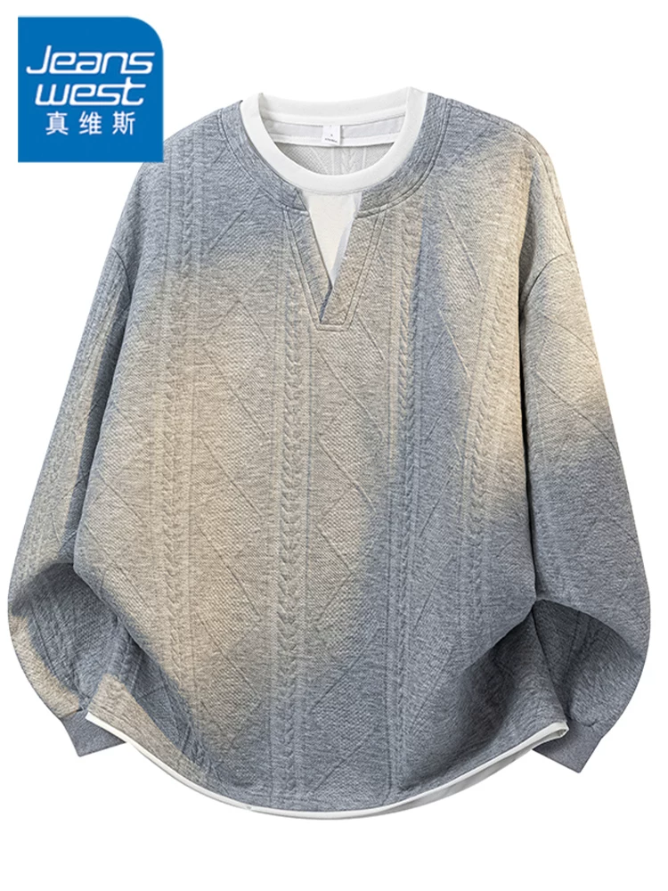 Áo len dệt kim jacquard cổ chữ V giả hai lớp của Jeanswest dành cho nam, áo len chui đầu rộng rãi, phong cách thường ngày cho mùa xuân và mùa thu.