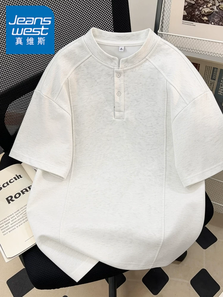 Áo thun nam tay ngắn cổ đứng phong cách Mỹ của thương hiệu Jeanswest, mùa xuân hè, cảm giác cao cấp, áo dáng rộng và thoáng khí.