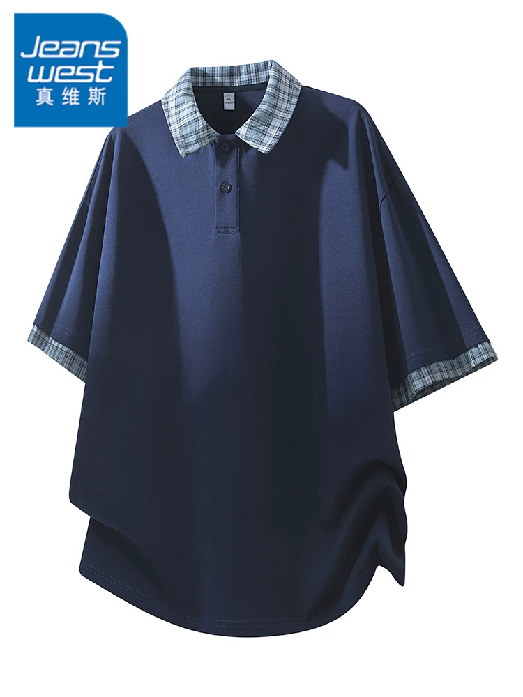 Áo thun ngắn tay cổ bẻ giả hai mảnh kẻ sọc chắp vá của Jeanswest dành cho nam mùa xuân hè áo sơ mi POLO thông thường.