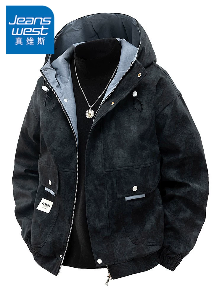 Áo khoác có mũ trùm đầu phối màu của Jeanswest dành cho nam, áo khoác ngoài đa năng dáng rộng phong cách Mỹ mùa xuân.
