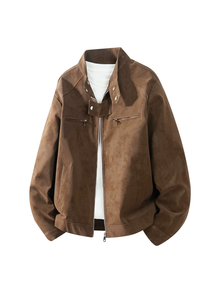 Áo khoác da cổ đứng bằng da lộn phong cách retro của Jeanswest dành cho nam, mùa xuân và mùa thu, thương hiệu thời thượng cao cấp, áo khoác màu đen dáng rộng thoải mái.