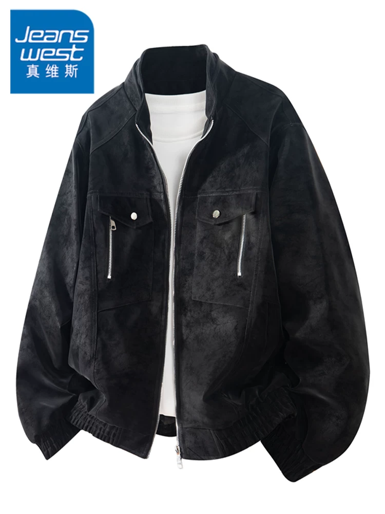 Áo khoác da công sở cổ đứng bằng da lộn phong cách retro của Jeanswest dành cho nam, mùa xuân và mùa thu, thương hiệu thời thượng cao cấp, áo khoác ngoài rộng rãi thoải mái.