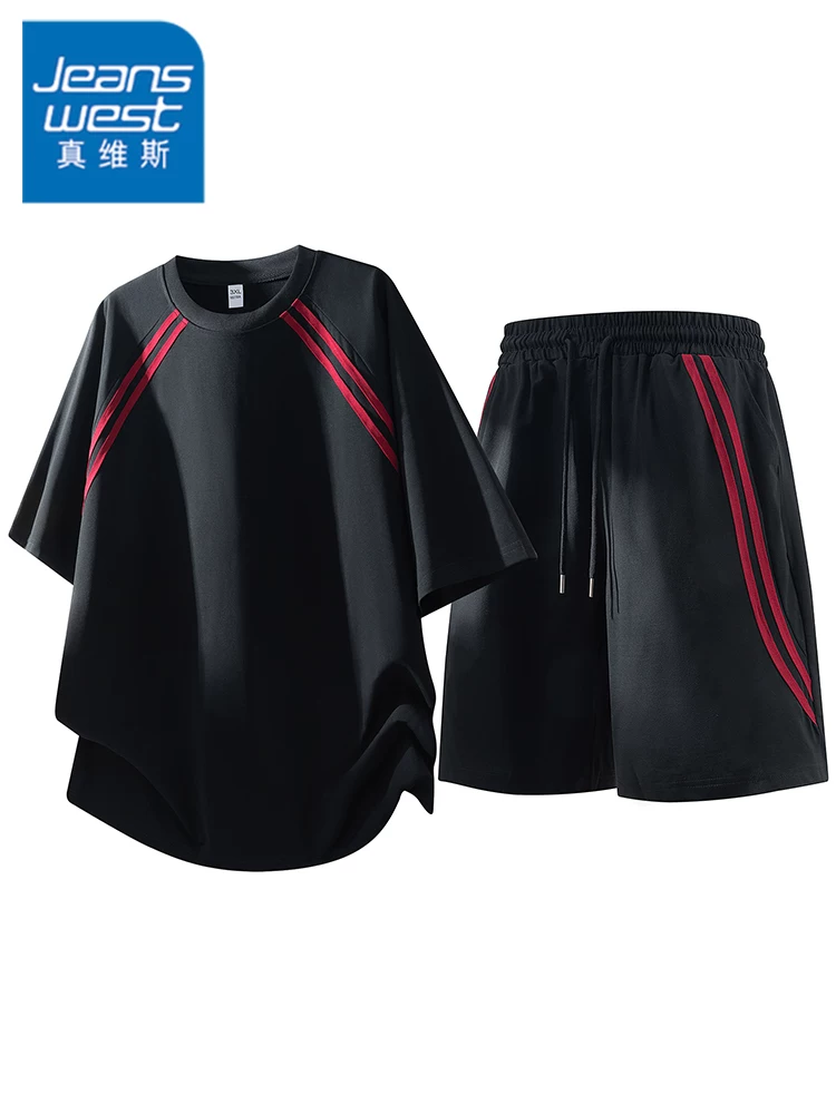 Bộ đồ thể thao nam Jeanswest 2026 kiểu mới tay lửng kẻ sọc, mùa xuân hè, áo ngắn quần ngắn hai mảnh