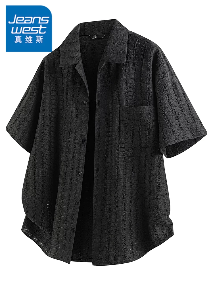 Áo sơ mi ngắn tay kiểu cardigan phong cách Mỹ của Jeanswest dành cho nam, áo sơ mi thoáng khí dáng rộng cao cấp mùa xuân hè.