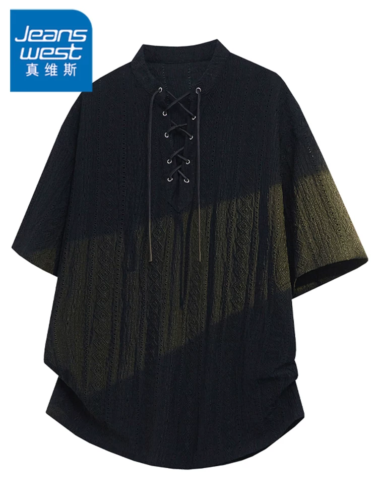 Áo thun nam cổ chữ V kiểu Mỹ chất liệu jacquard của Jeanswest, mẫu mới hè 2026, thương hiệu thời thượng, mát mẻ, thoáng khí, tay ngắn rộng rãi.
