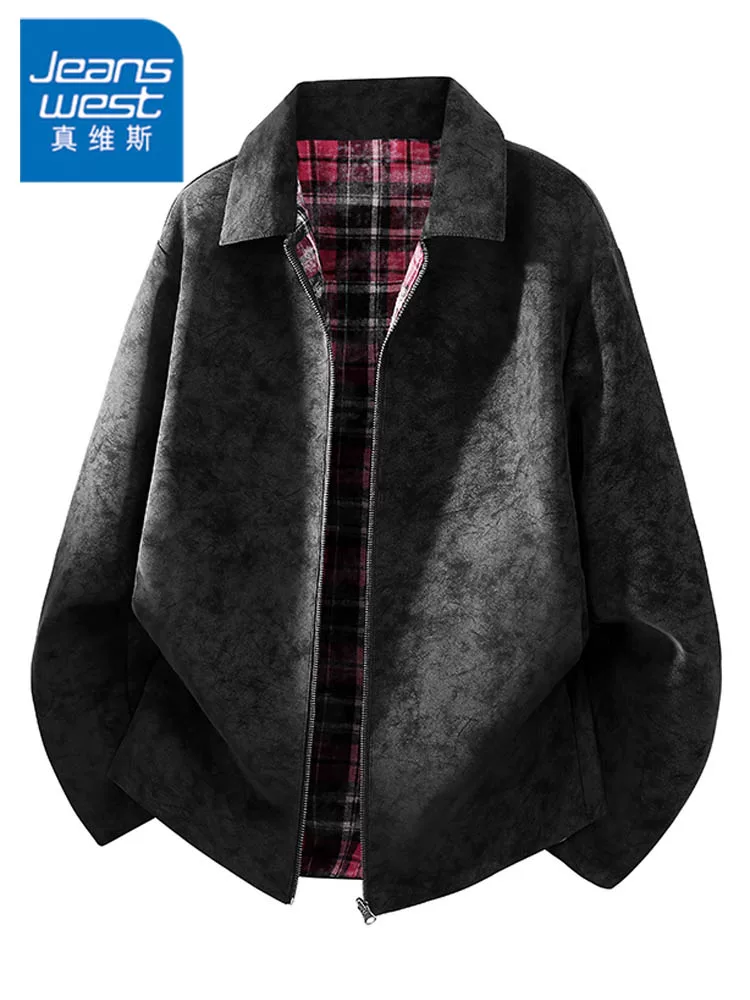 Áo khoác da PU có ve áo kiểu cổ điển có thể đảo ngược của Jeanswest dành cho nam giới, áo khoác màu đen dáng rộng thường ngày mùa xuân và mùa thu.