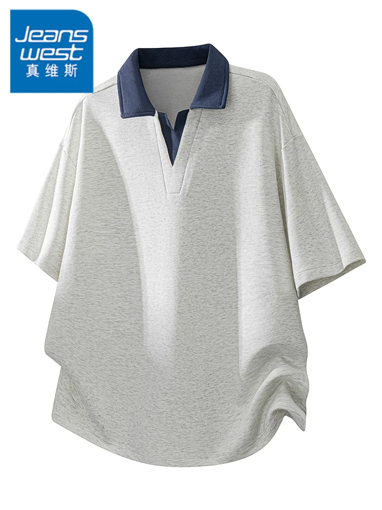 Áo thun giả hai mảnh cổ chữ V phong cách Mỹ của Jeanswest dành cho nam, dáng rộng mùa hè, cảm giác cao cấp, thoáng khí, thương hiệu thời thượng, áo ngắn tay mát mẻ.