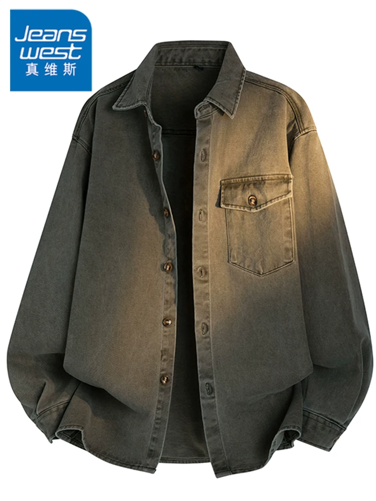 Jeanswest 100% cotton nguyên chất phong cách retro giản dị có ve áo sơ mi denim nam mùa xuân thu dáng rộng đa năng hợp thời trang áo khoác thương hiệu
