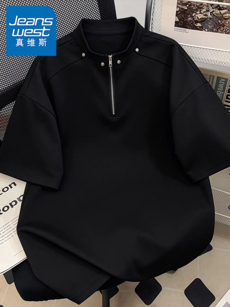 Áo thun nam Jeanswest kiểu Mỹ, nửa khóa kéo, thời trang, thoáng khí, cao cấp, dáng rộng, chất liệu mềm mại, tay ngắn, mùa hè.