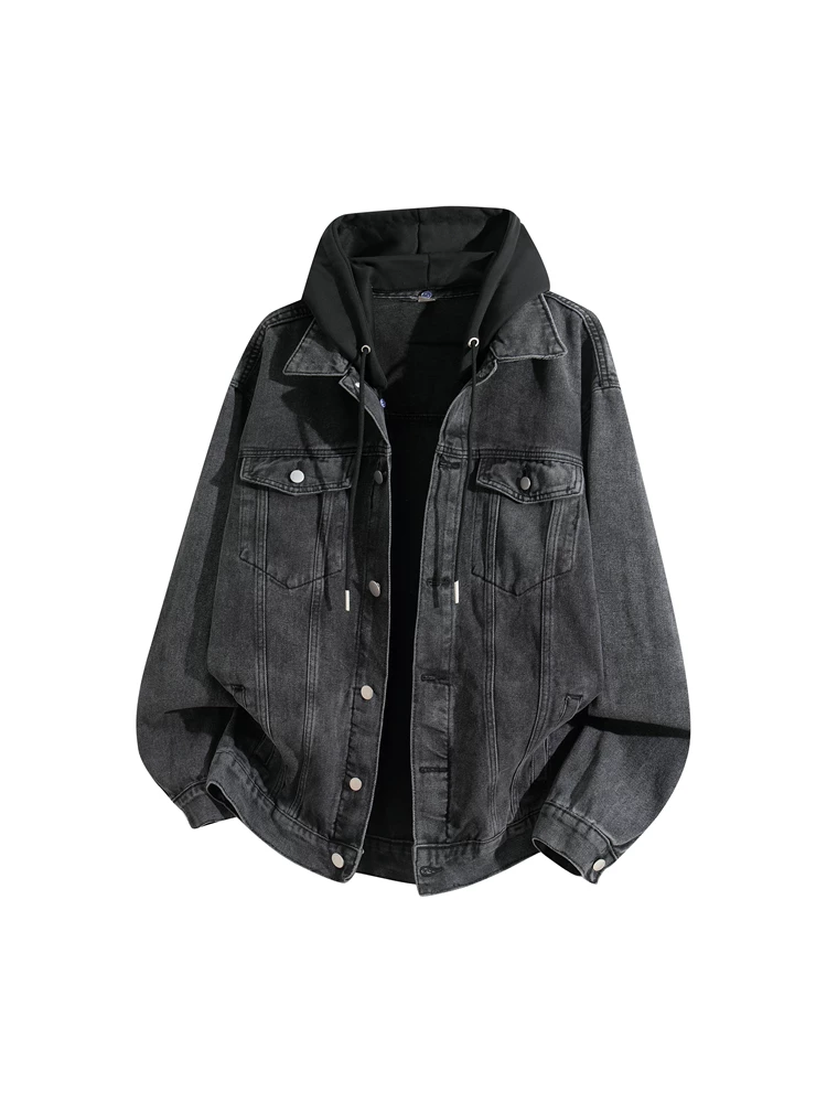 Áo khoác denim giả hai lớp có mũ của Jeanswest dành cho nam, kiểu dáng Mỹ cao cấp mới mùa xuân thu 2025.