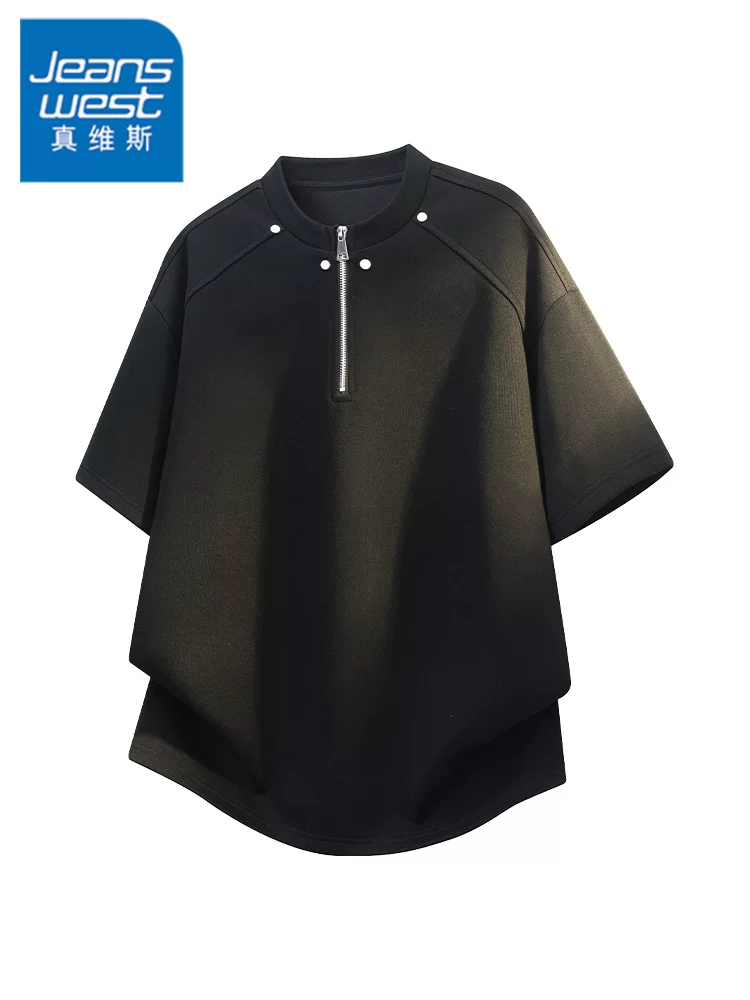 Áo thun nam Jeanswest kiểu Mỹ thời thượng, nửa khóa kéo, thoáng khí, dáng rộng mùa hè, chất liệu cao cấp, vải lụa đá mềm mại, tay ngắn.