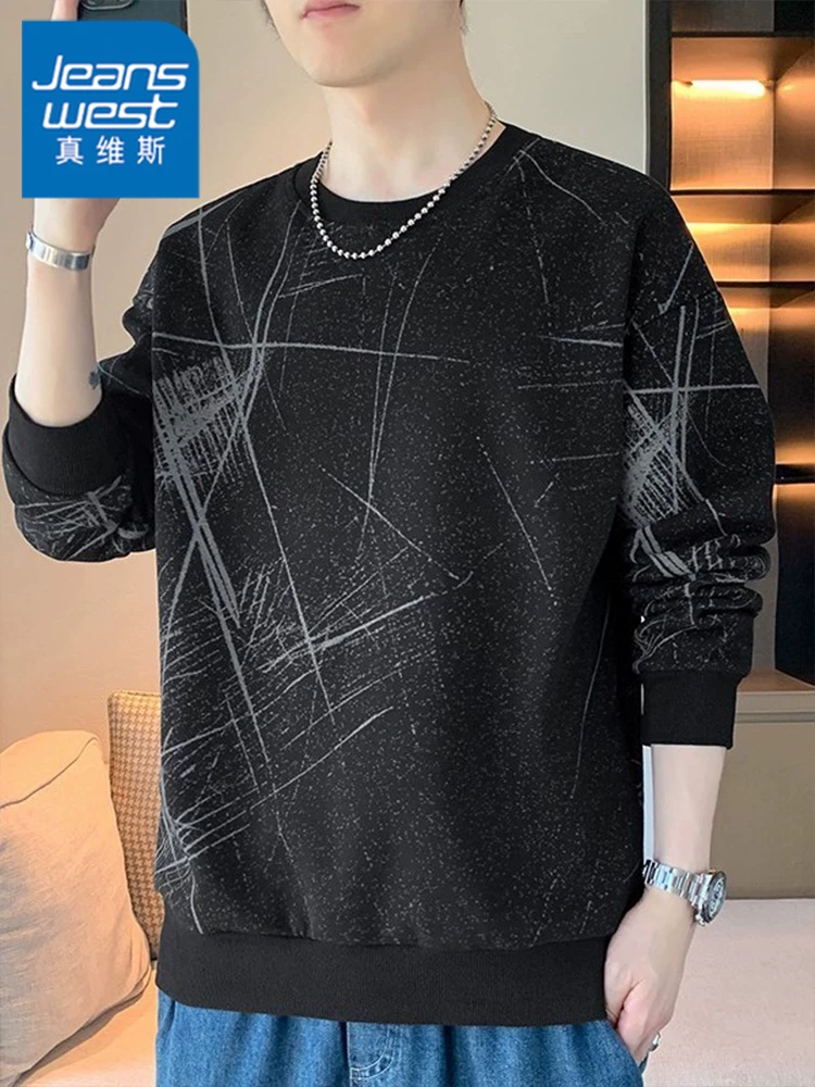 Áo nỉ cổ tròn dày dặn kiểu Mỹ của Jeanswest dành cho nam, áo thun cơ bản đa năng phong cách thường ngày mùa xuân, áo thun dài tay sành điệu dành cho thanh thiếu niên.