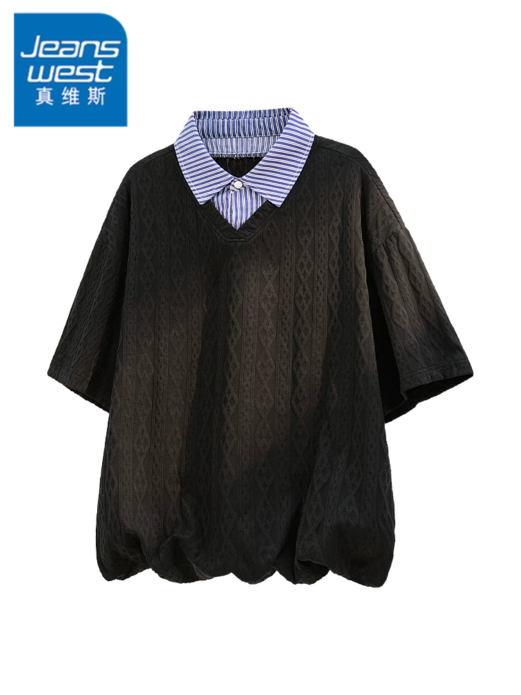 Áo polo kẻ sọc có họa tiết phối màu theo phong cách Mỹ của Jeanswest dành cho nam, áo polo mùa hè rộng rãi, thoáng khí, thân thiện với làn da.