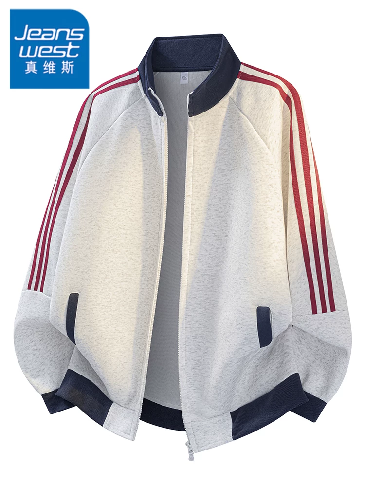 Áo khoác cổ đứng ba sọc phong cách Mỹ của Jeanswest dành cho nam, thương hiệu thời trang xuân thu, áo khoác ngoài dáng rộng cao cấp.