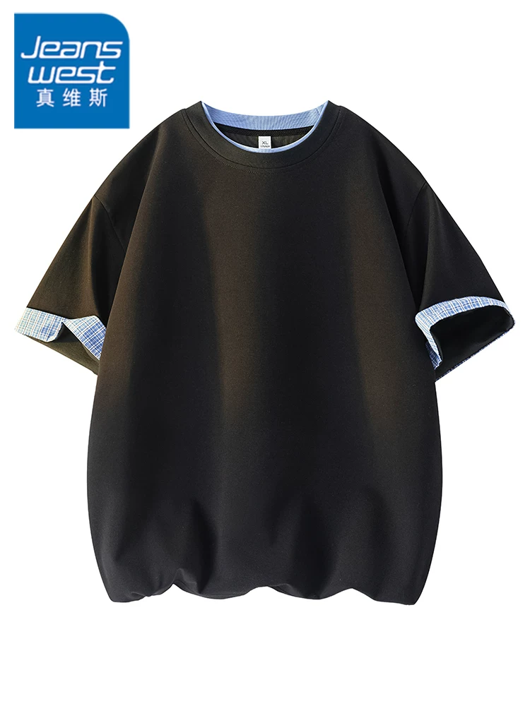 Áo thun cổ tròn giả hai mảnh phong cách Mỹ của Jeanswest dành cho nam, dáng rộng mùa hè, cảm giác cao cấp, thân thiện với làn da, tay ngắn mỏng.