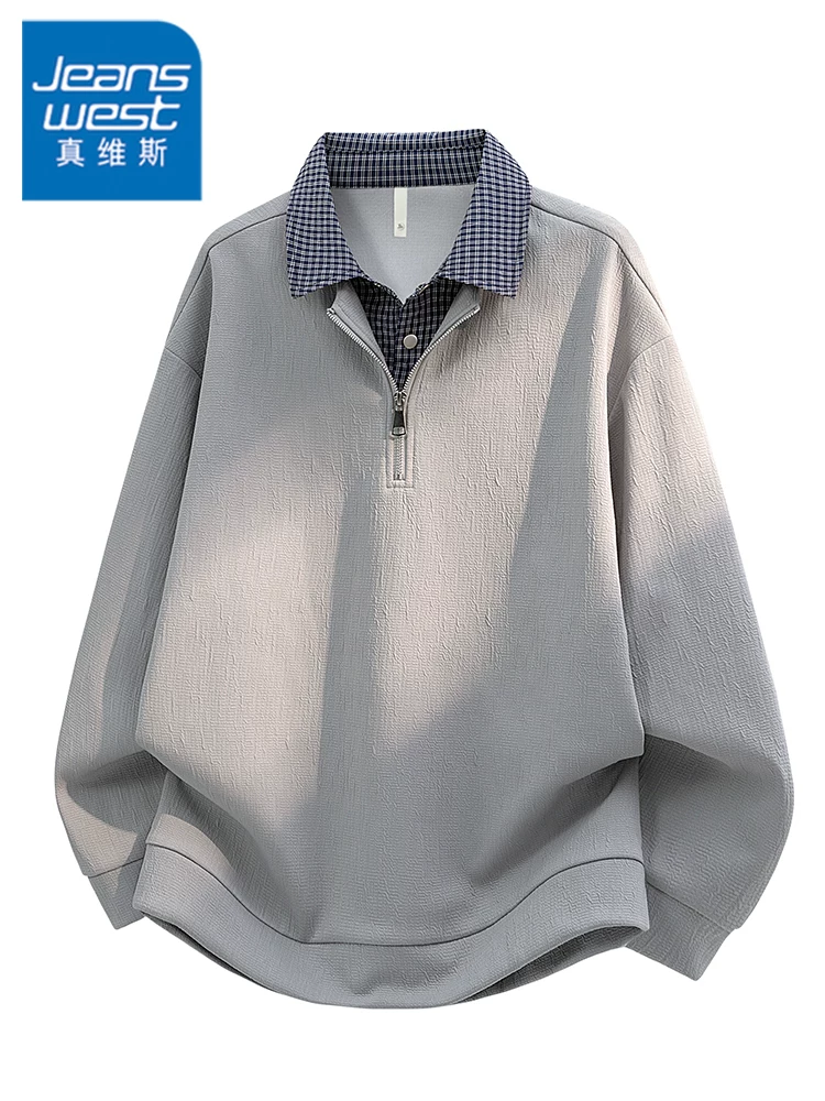 Áo nỉ chắp vá có cổ kẻ sọc nửa khóa kéo của Jeanswest dành cho nam, áo kiểu dáng rộng rãi, cao cấp, hợp thời trang mùa xuân thu.