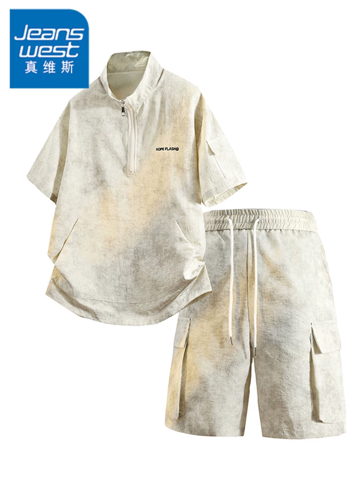 Bộ áo thun nam cổ đứng, nửa khóa kéo, họa tiết tie-dye phong cách Mỹ của Jeanswest, bộ hai món cao cấp, rộng rãi, thoải mái mùa hè.