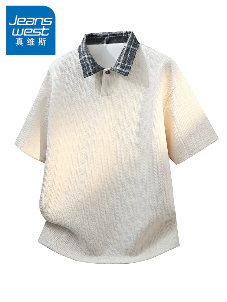Áo thun nam Jeanswest kiểu Mỹ, chất liệu jacquard phối màu, cảm giác cao cấp mùa hè, dáng rộng, thoáng khí, thân thiện với làn da, tay ngắn, thương hiệu thời thượng.