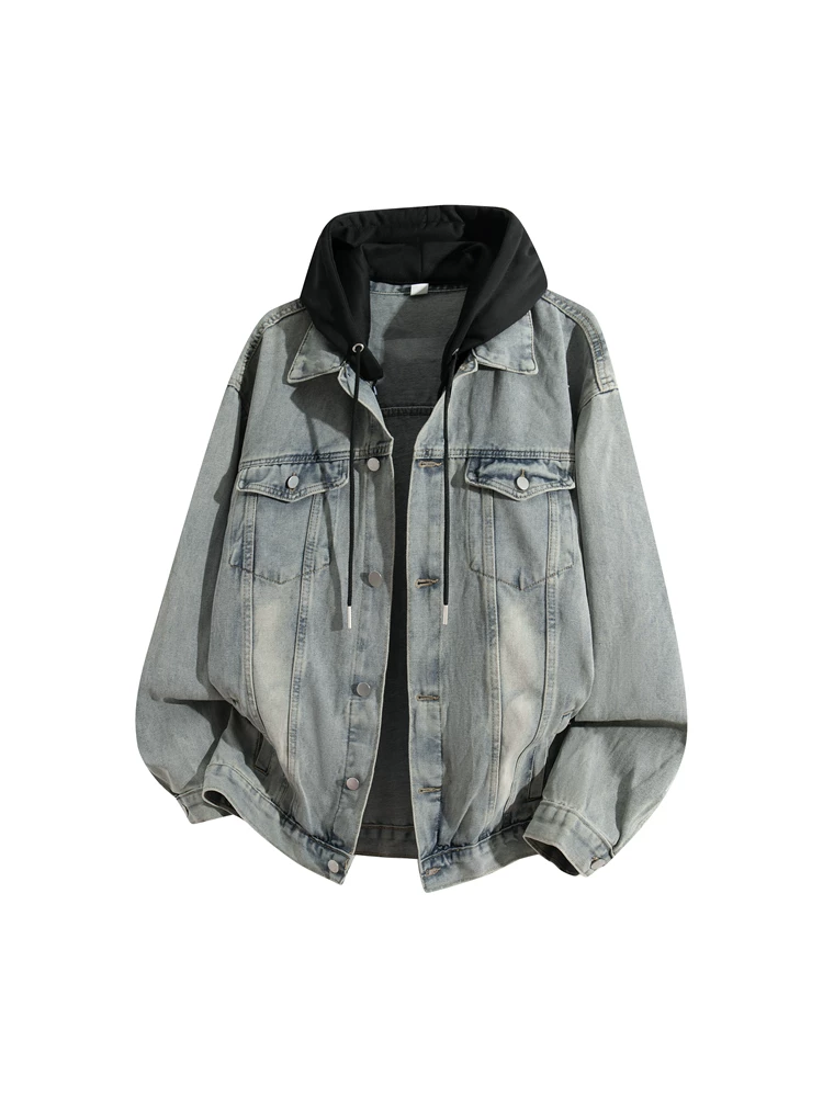 Áo khoác denim giả hai lớp có mũ của Jeanswest dành cho nam, kiểu dáng Mỹ cao cấp mới mùa xuân thu 2025.