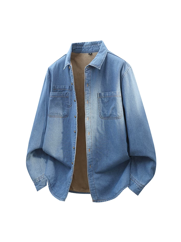 Áo sơ mi denim cổ điển của Jeanswest dành cho nam mùa thu đông, áo khoác thường ngày rộng rãi có lót lông cừu