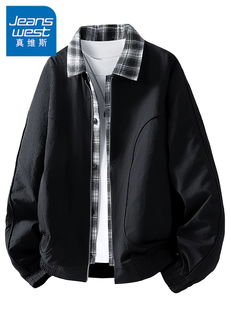 Áo khoác giả hai mảnh kiểu Mỹ của Jeanswest dành cho nam, mùa xuân thu, thương hiệu thời trang cao cấp, áo khoác ngoài rộng rãi, thoải mái.