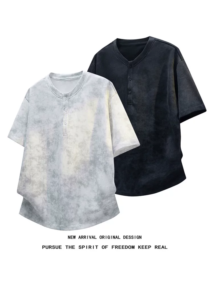 Áo thun cổ nửa hở nhuộm màu kiểu Mỹ của Jeanswest dành cho nam, thương hiệu thời trang cao cấp mùa hè, áo ngắn tay rộng rãi và thoáng khí.