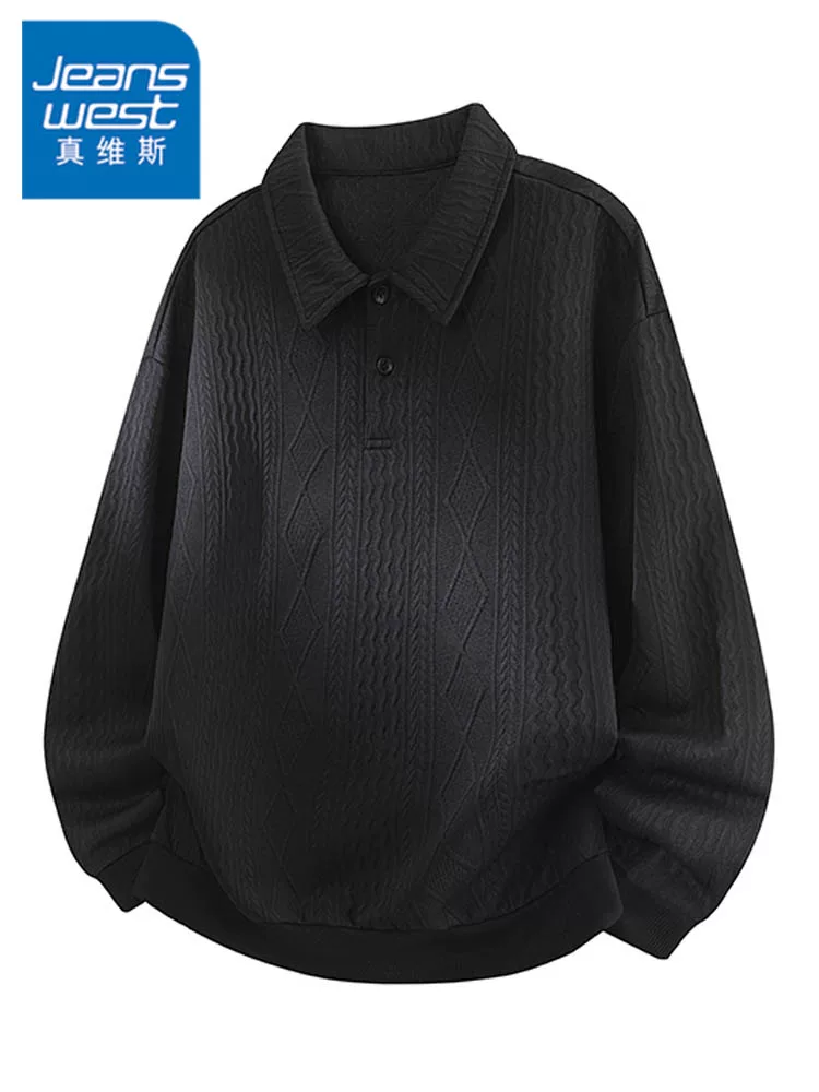 Áo sơ mi POLO có cổ bằng vải jacquard có họa tiết của Jeanswest dành cho nam, áo dài tay dáng rộng và đa năng, phong cách thường ngày cho mùa xuân và mùa thu.