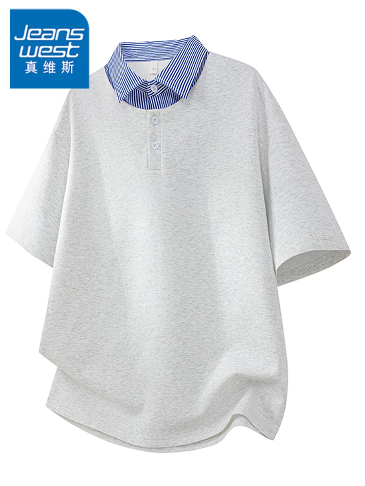 Áo thun giả hai mảnh phối màu phong cách Mỹ của Jeanswest dành cho nam, thương hiệu thời thượng mùa hè, dáng rộng, cảm giác cao cấp, áo POLO thoáng khí.