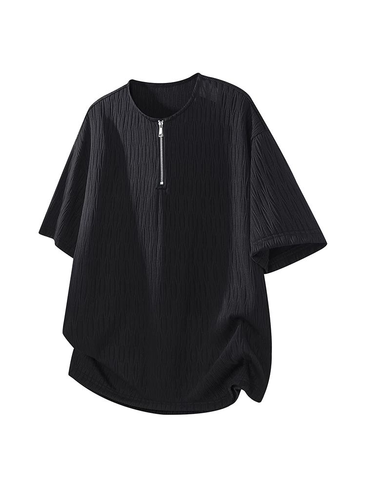 Áo thun cổ tròn màu trơn nửa khóa kéo của Jeanswest dành cho nam, mùa xuân hè, thương hiệu thời trang cao cấp, tay áo ngắn rộng rãi và thoáng khí.