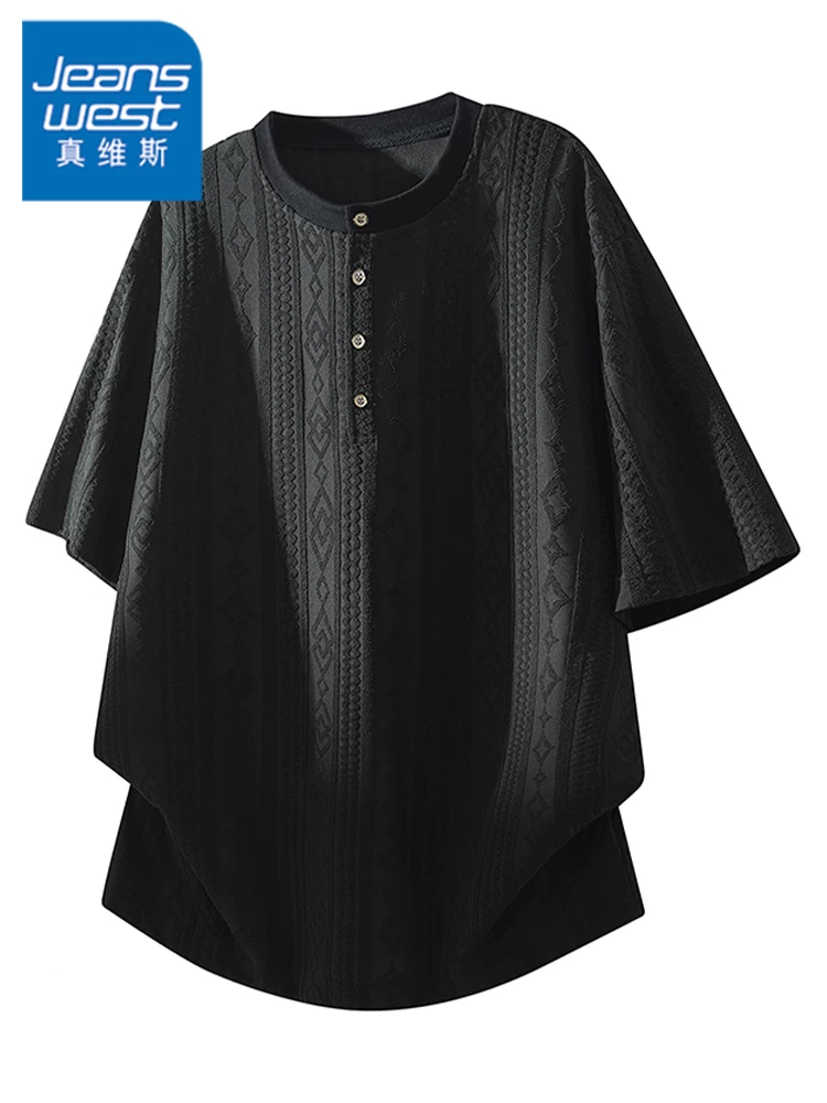 Áo thun ngắn tay cổ tròn cài nút kiểu Mỹ của Jeanswest dành cho nam, mùa xuân hè, áo màu đen dáng rộng thoải mái.