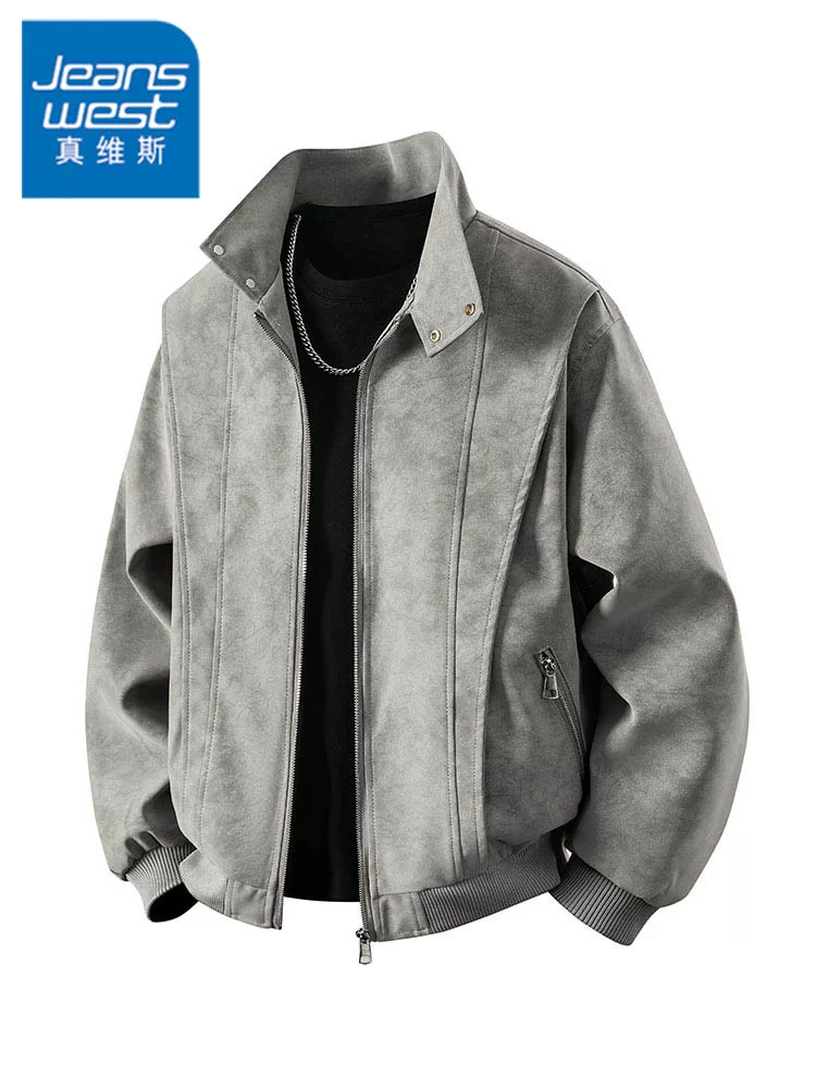 Áo khoác da nam Jeanswest 2026 kiểu mới, cổ đứng, nhuộm tie-dye, mùa xuân thu, dáng rộng thời trang, đa năng, phong cách casual.